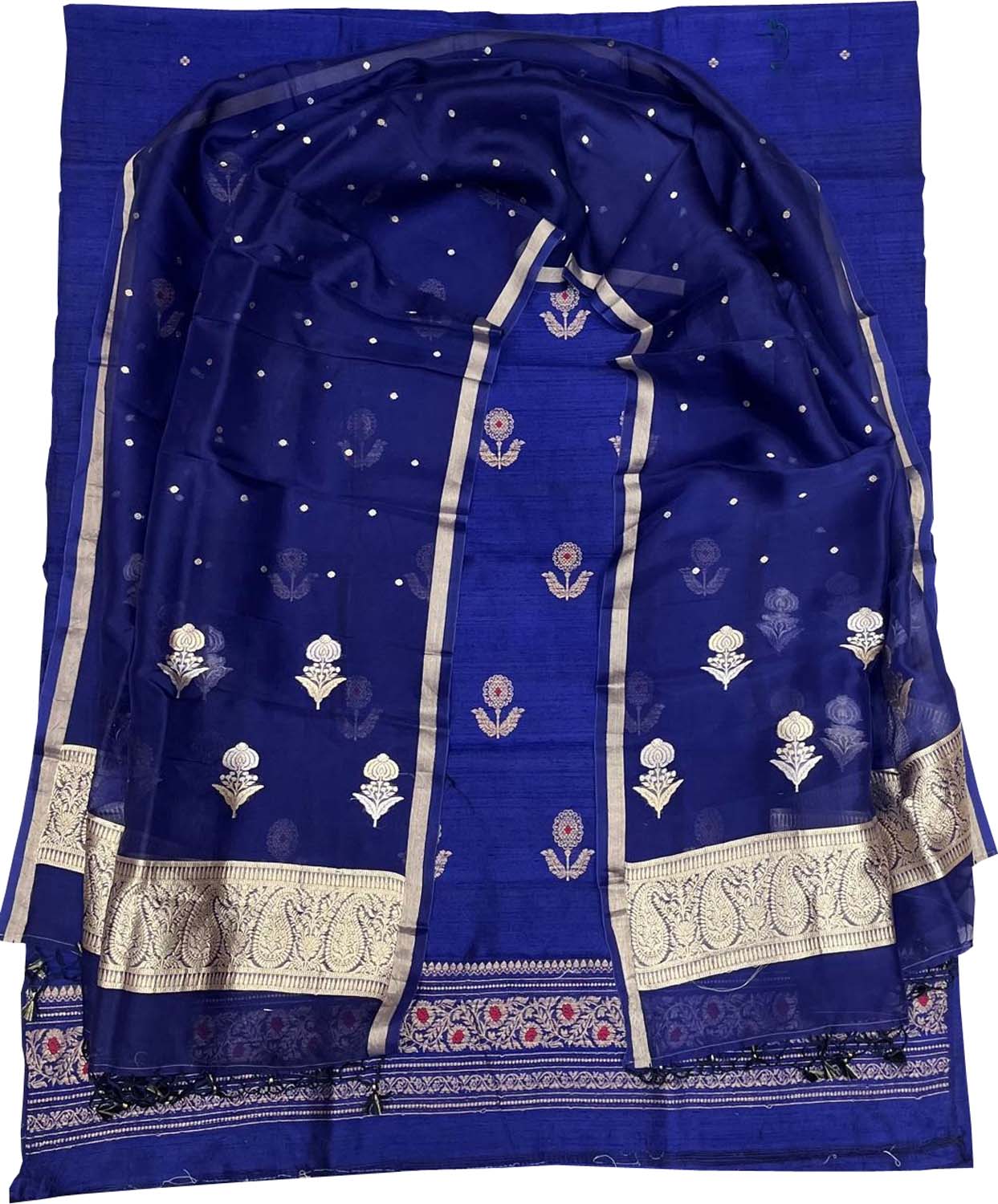Blue Banarasi Pure Raw Silk Kadwa Three Piece Unstitched Suit With Kora Dupatta - Luxurion World