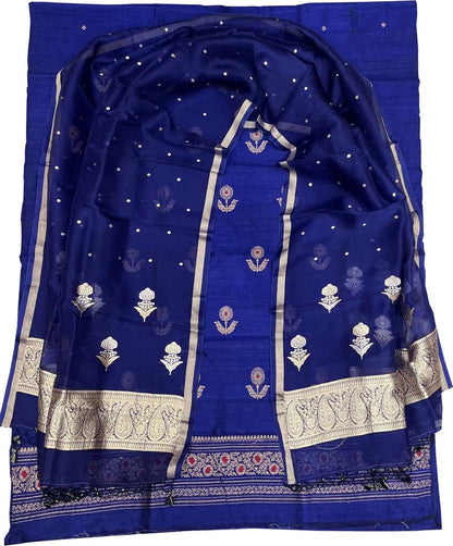 Blue Banarasi Pure Raw Silk Kadwa Three Piece Unstitched Suit With Kora Dupatta - Luxurion World