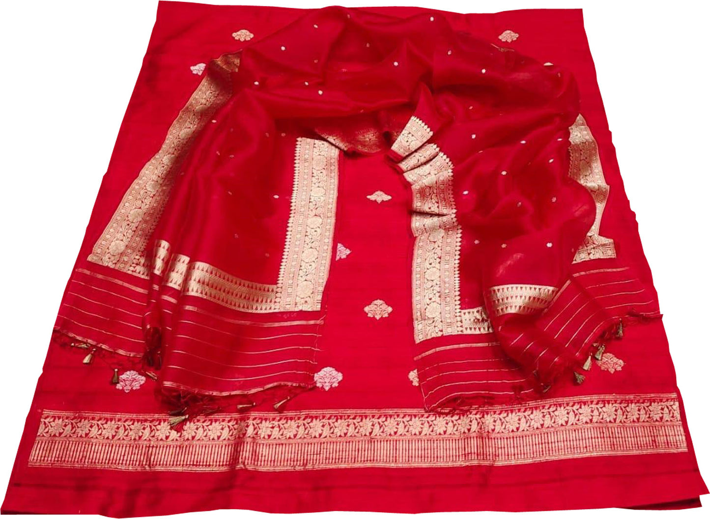 Elegant Red Banarasi Pure Raw Silk Kadwa Three Piece Unstitched Suit With Kora Dupatta - Luxurion World