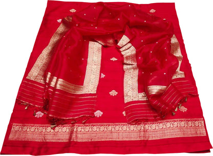Elegant Red Banarasi Pure Raw Silk Kadwa Three Piece Unstitched Suit With Kora Dupatta - Luxurion World