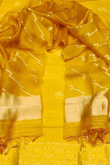 Yellow Banarasi Pure Raw Silk Kadwa Three Piece Unstitched Suit With Kora Dupatta - Luxurion World