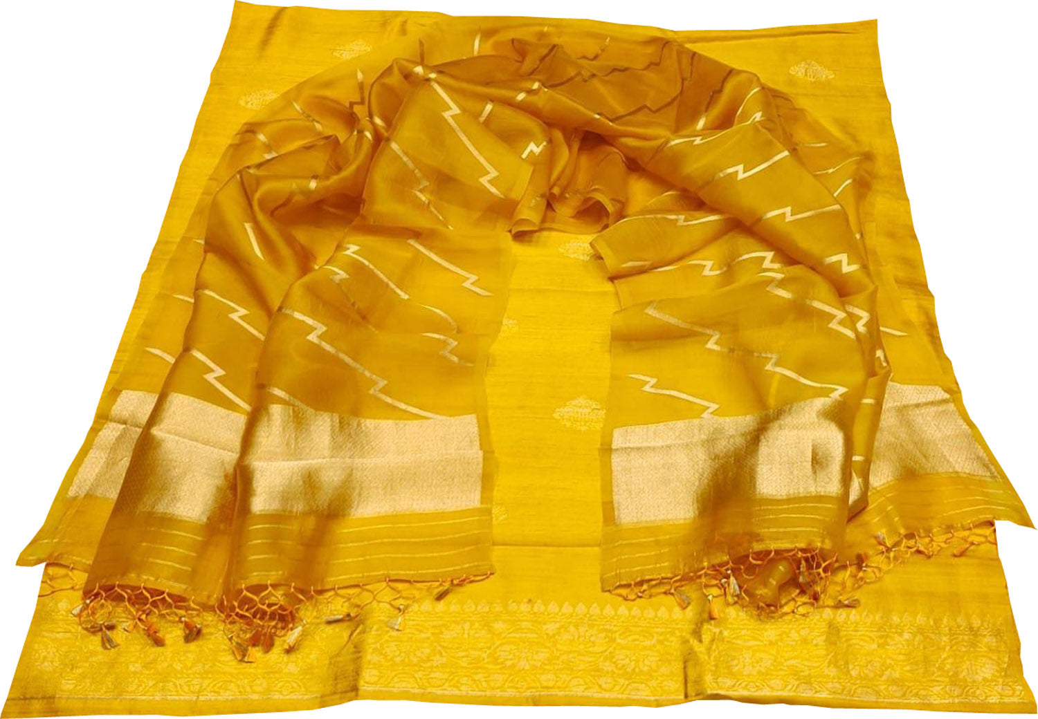 Yellow Banarasi Pure Raw Silk Kadwa Three Piece Unstitched Suit With Kora Dupatta - Luxurion World
