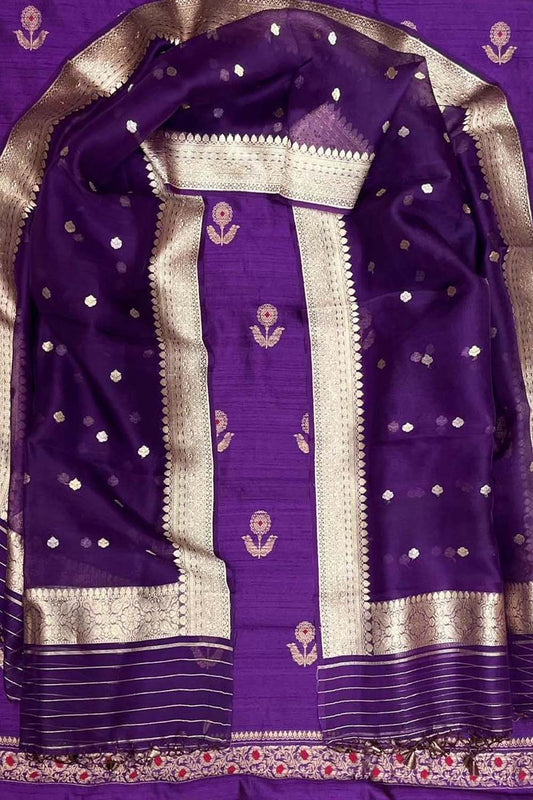 Elegant Purple Banarasi Pure Raw Silk Kadwa Three Piece Unstitched Suit With Kora Dupatta - Luxurion World