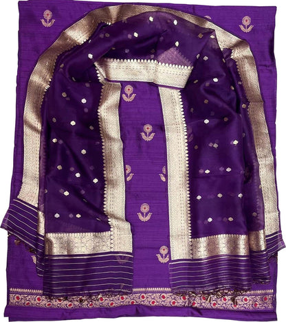 Elegant Purple Banarasi Pure Raw Silk Kadwa Three Piece Unstitched Suit With Kora Dupatta - Luxurion World