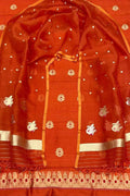 Elegant Orange Banarasi Pure Raw Silk Kadwa Three Piece Unstitched Suit With Kora Dupatta - Luxurion World