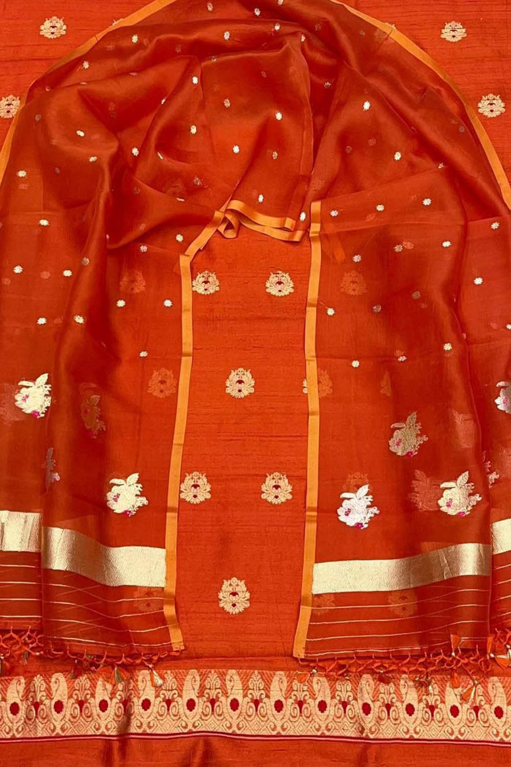Elegant Orange Banarasi Pure Raw Silk Kadwa Three Piece Unstitched Suit With Kora Dupatta - Luxurion World