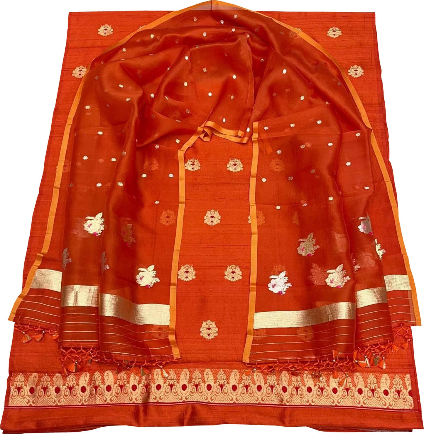 Elegant Orange Banarasi Pure Raw Silk Kadwa Three Piece Unstitched Suit With Kora Dupatta - Luxurion World