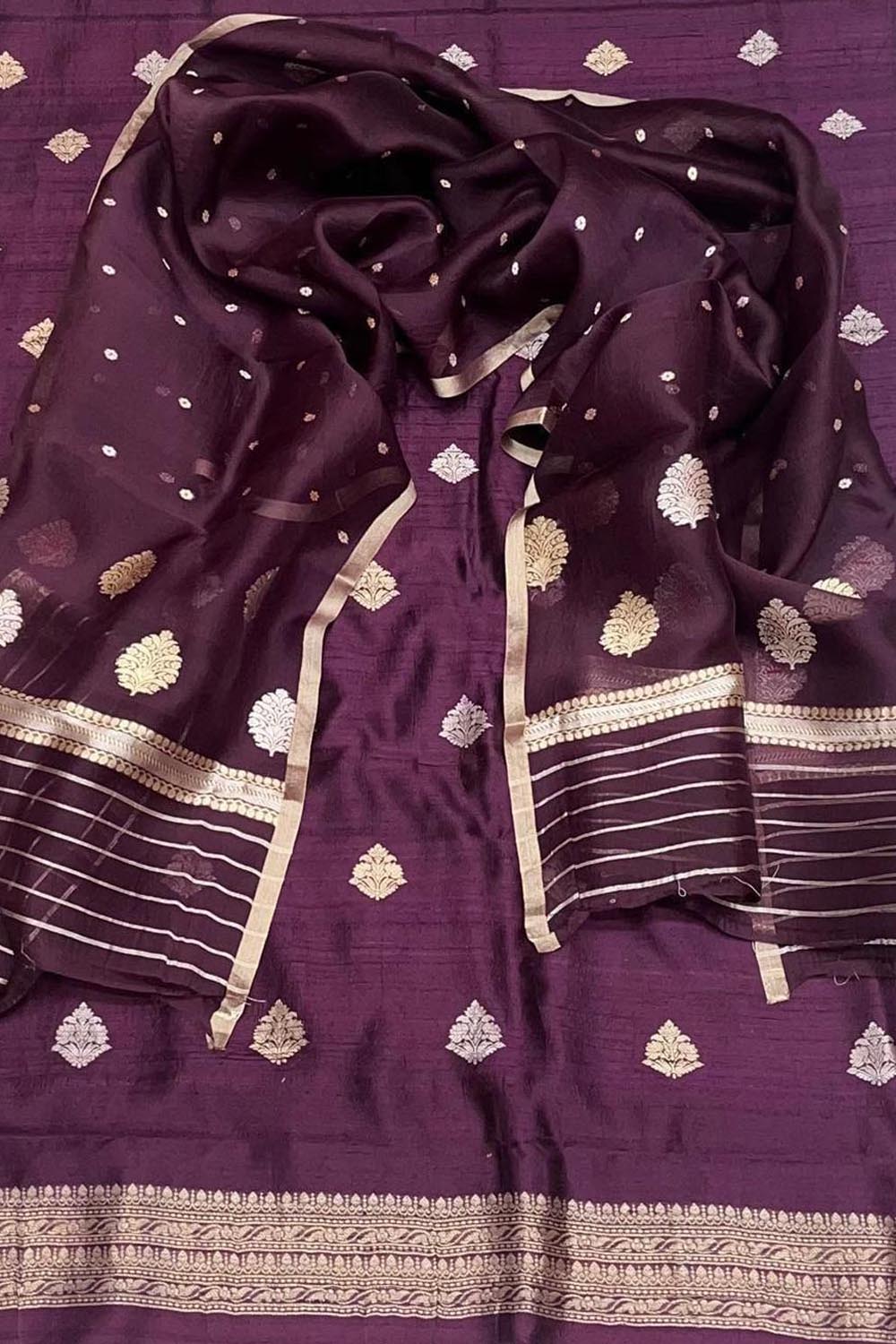 Elegant Purple Banarasi Pure Raw Silk Kadwa Three Piece Unstitched Suit With Kora Dupatta - Luxurion World