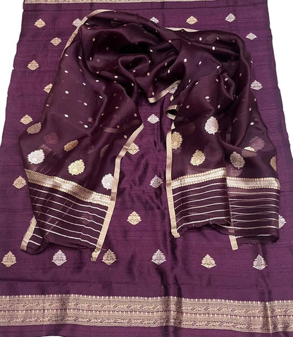 Elegant Purple Banarasi Pure Raw Silk Kadwa Three Piece Unstitched Suit With Kora Dupatta - Luxurion World