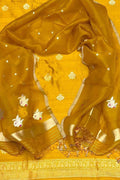 Yellow Banarasi Pure Raw Silk Kadwa Three Piece Unstitched Suit With Kora Dupatta - Luxurion World