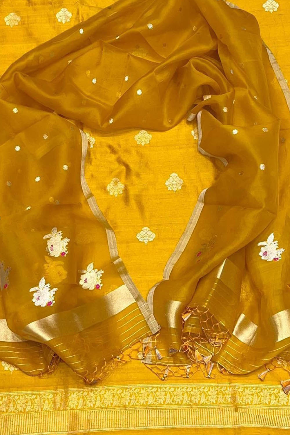 Yellow Banarasi Pure Raw Silk Kadwa Three Piece Unstitched Suit With Kora Dupatta - Luxurion World