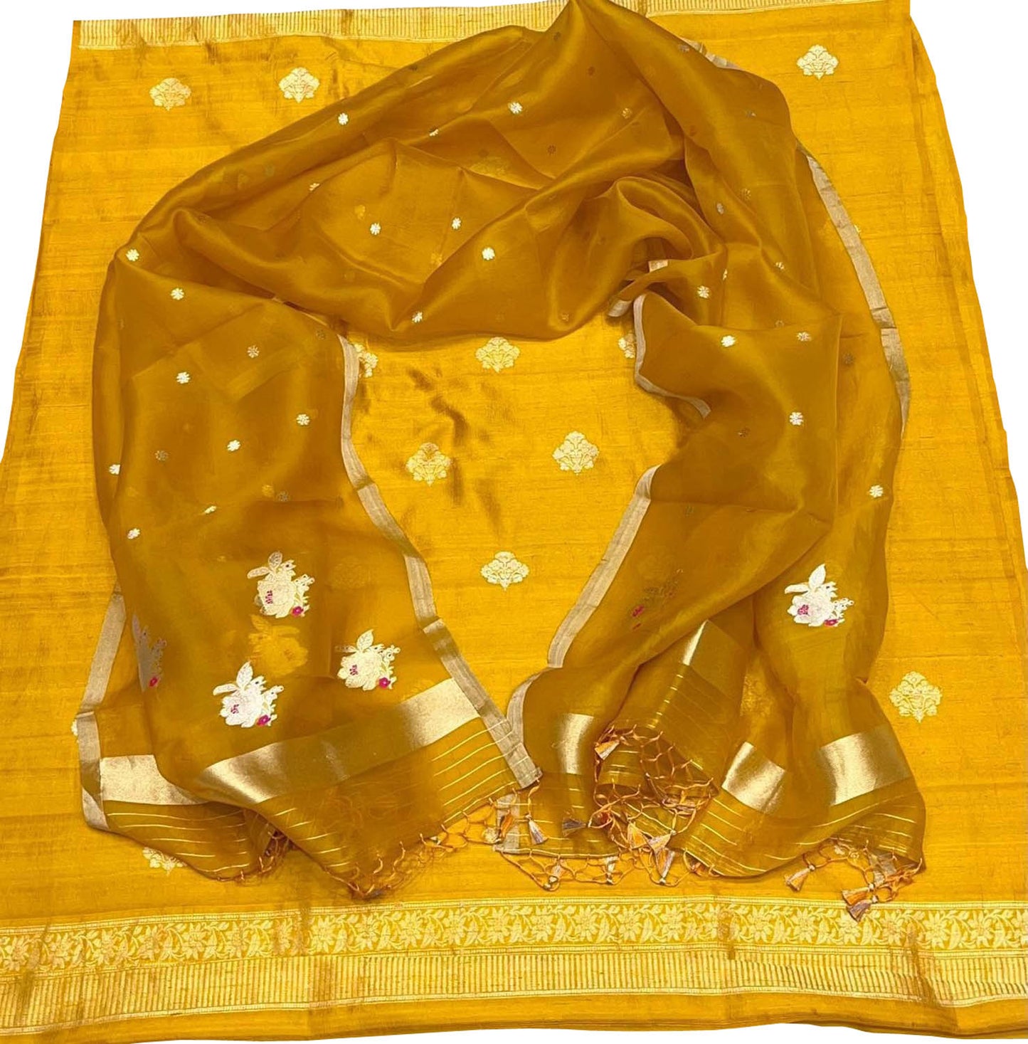 Yellow Banarasi Pure Raw Silk Kadwa Three Piece Unstitched Suit With Kora Dupatta - Luxurion World