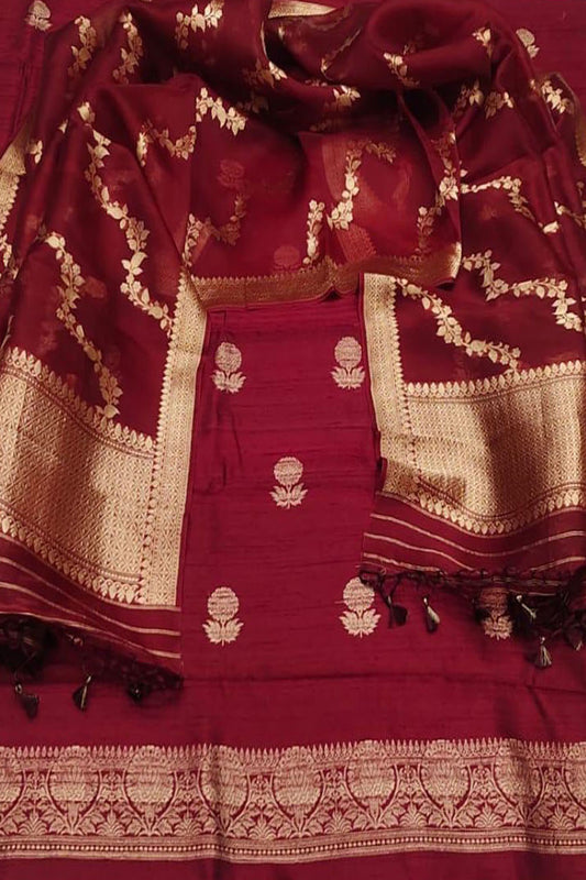 Elegant Maroon Banarasi Pure Raw Silk Kadwa Three Piece Unstitched Suit With Kora Dupatta - Luxurion World