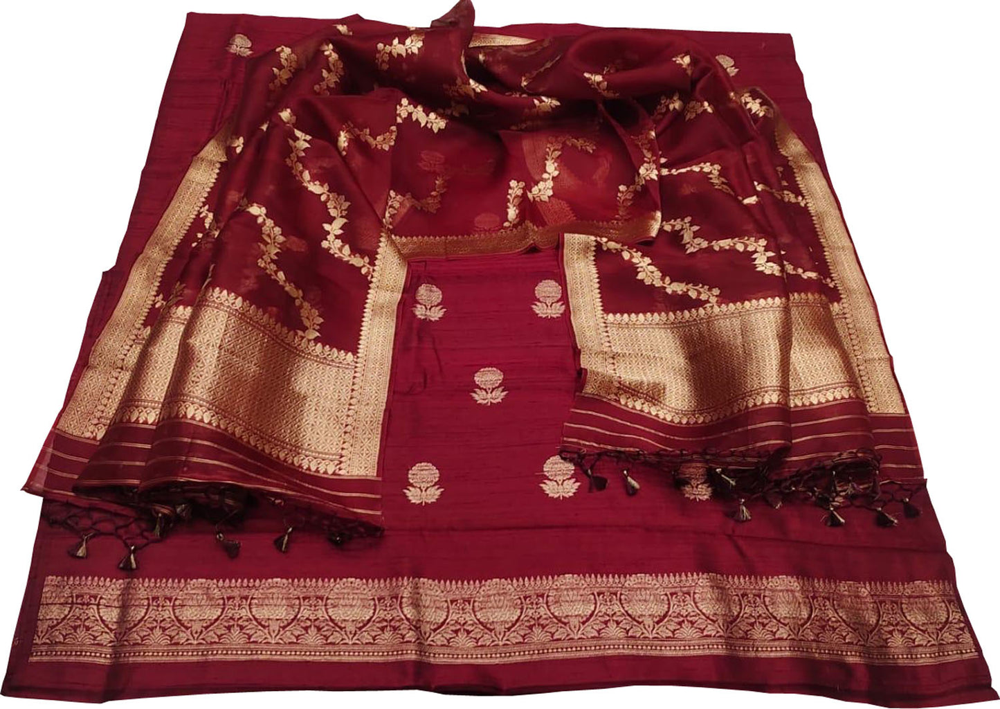 Elegant Maroon Banarasi Pure Raw Silk Kadwa Three Piece Unstitched Suit With Kora Dupatta - Luxurion World