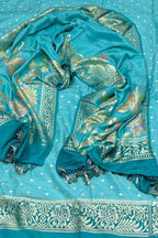 Blue Banarasi Pure Moonga Silk Three Piece Unstitched Suit Set - Luxurion World