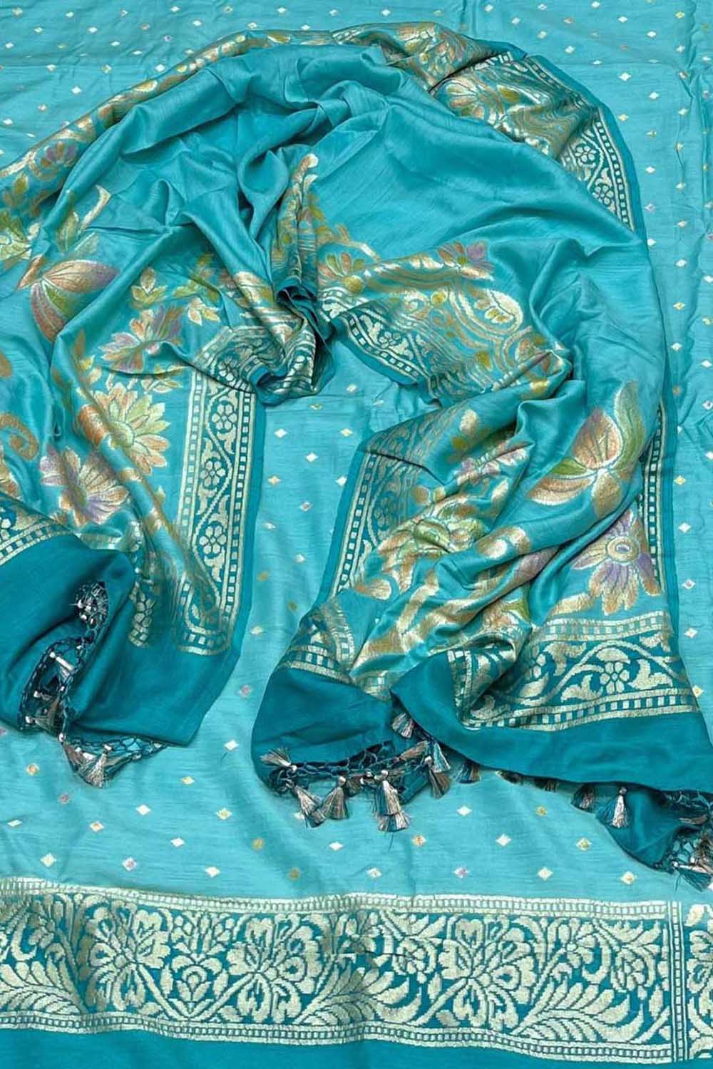 Blue Banarasi Pure Moonga Silk Three Piece Unstitched Suit Set - Luxurion World
