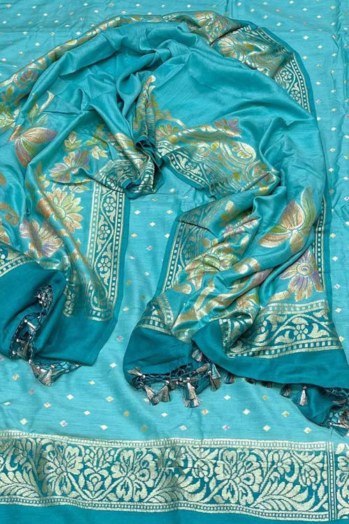 Blue Banarasi Pure Moonga Silk Three Piece Unstitched Suit Set - Luxurion World