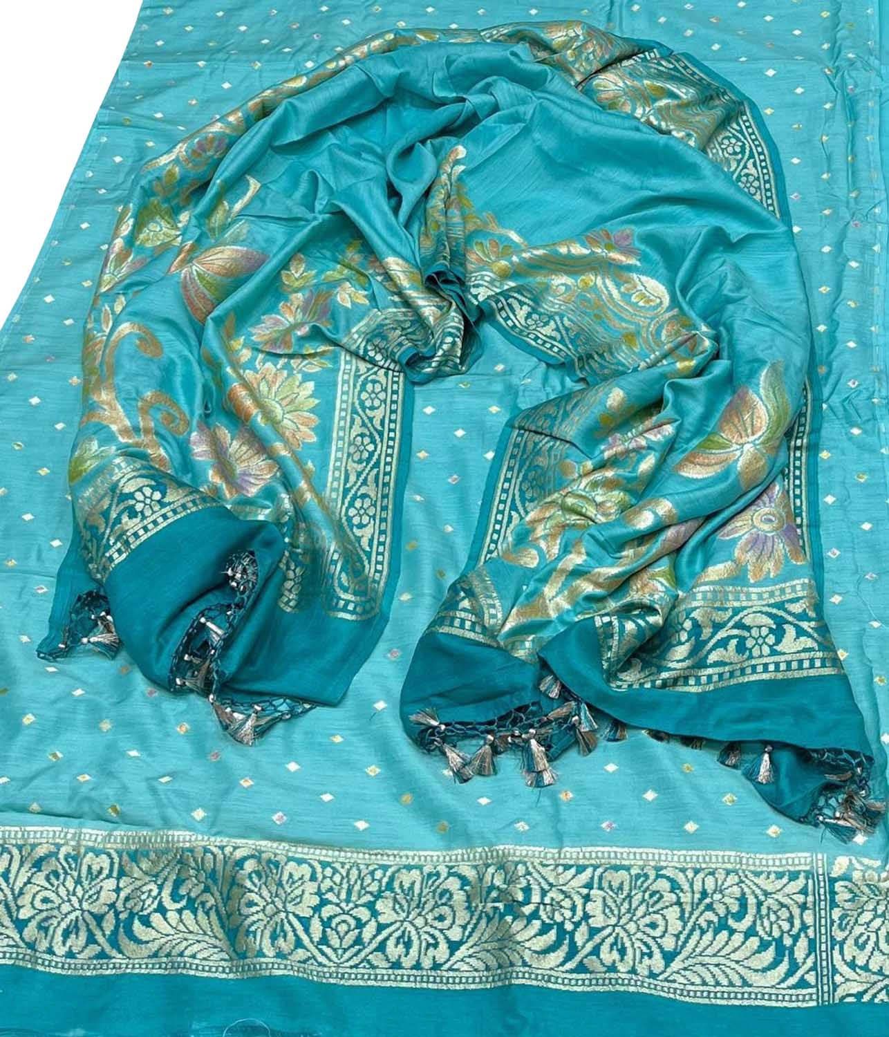 Blue Banarasi Pure Moonga Silk Three Piece Unstitched Suit Set - Luxurion World
