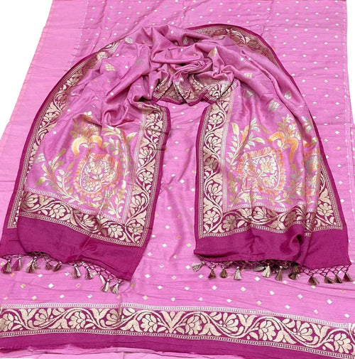 Exquisite Pink Banarasi Pure Moonga Silk Three Piece Unstitched Suit Set - Luxurion World
