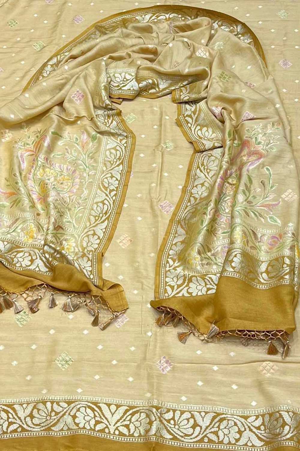 Exquisite Golden Banarasi Pure Moonga Silk Three Piece Unstitched Suit Set - Luxurion World