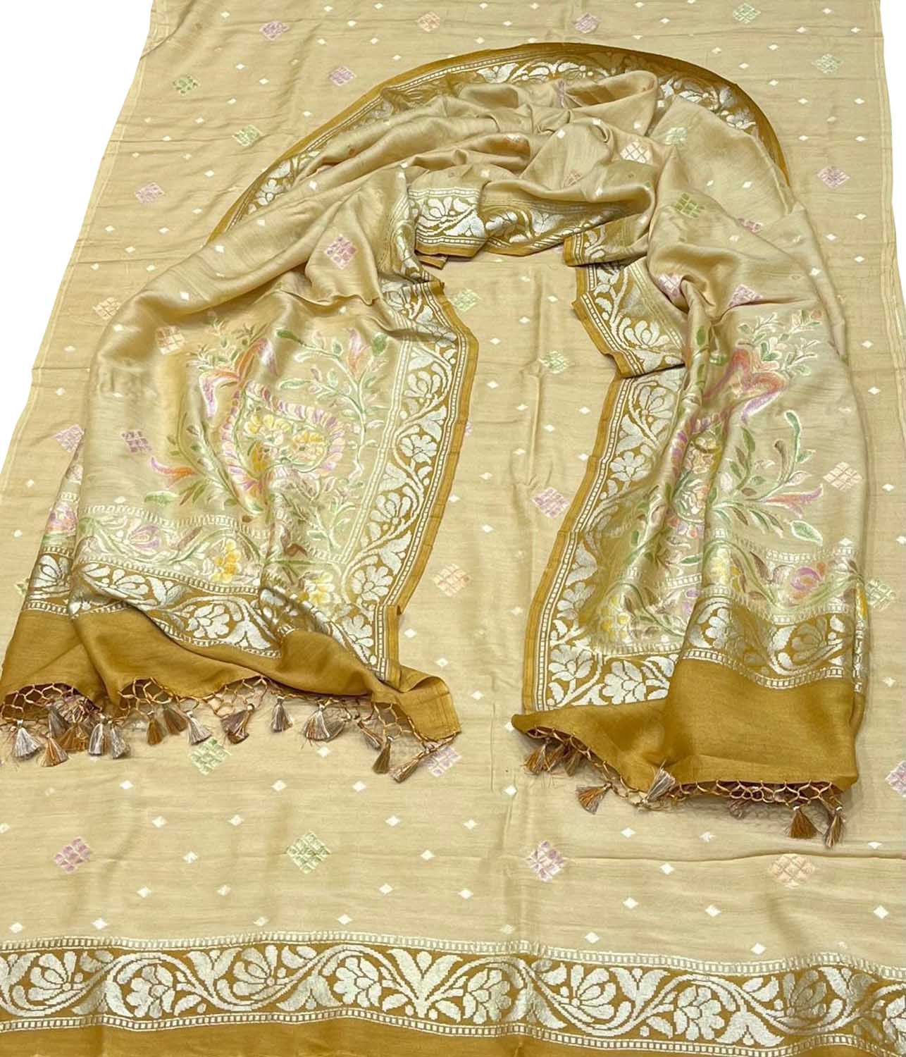 Exquisite Golden Banarasi Pure Moonga Silk Three Piece Unstitched Suit Set - Luxurion World