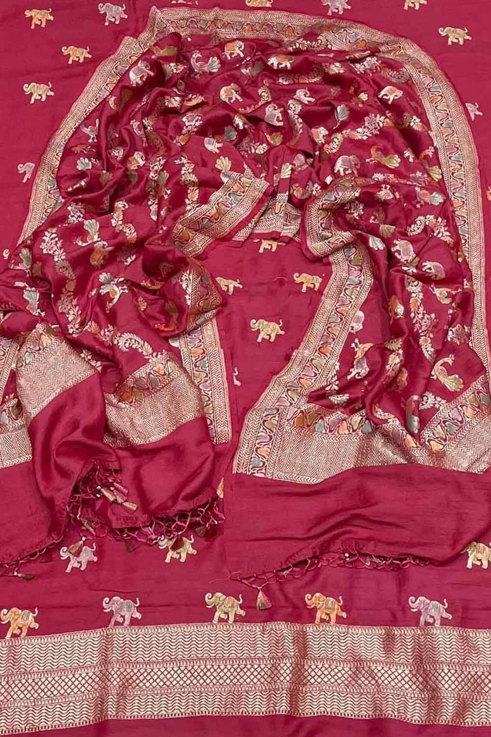 Red Banarasi Pure Moonga Silk Three Piece Unstitched Suit Set - Luxurion World
