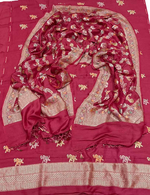 Red Banarasi Pure Moonga Silk Three Piece Unstitched Suit Set - Luxurion World