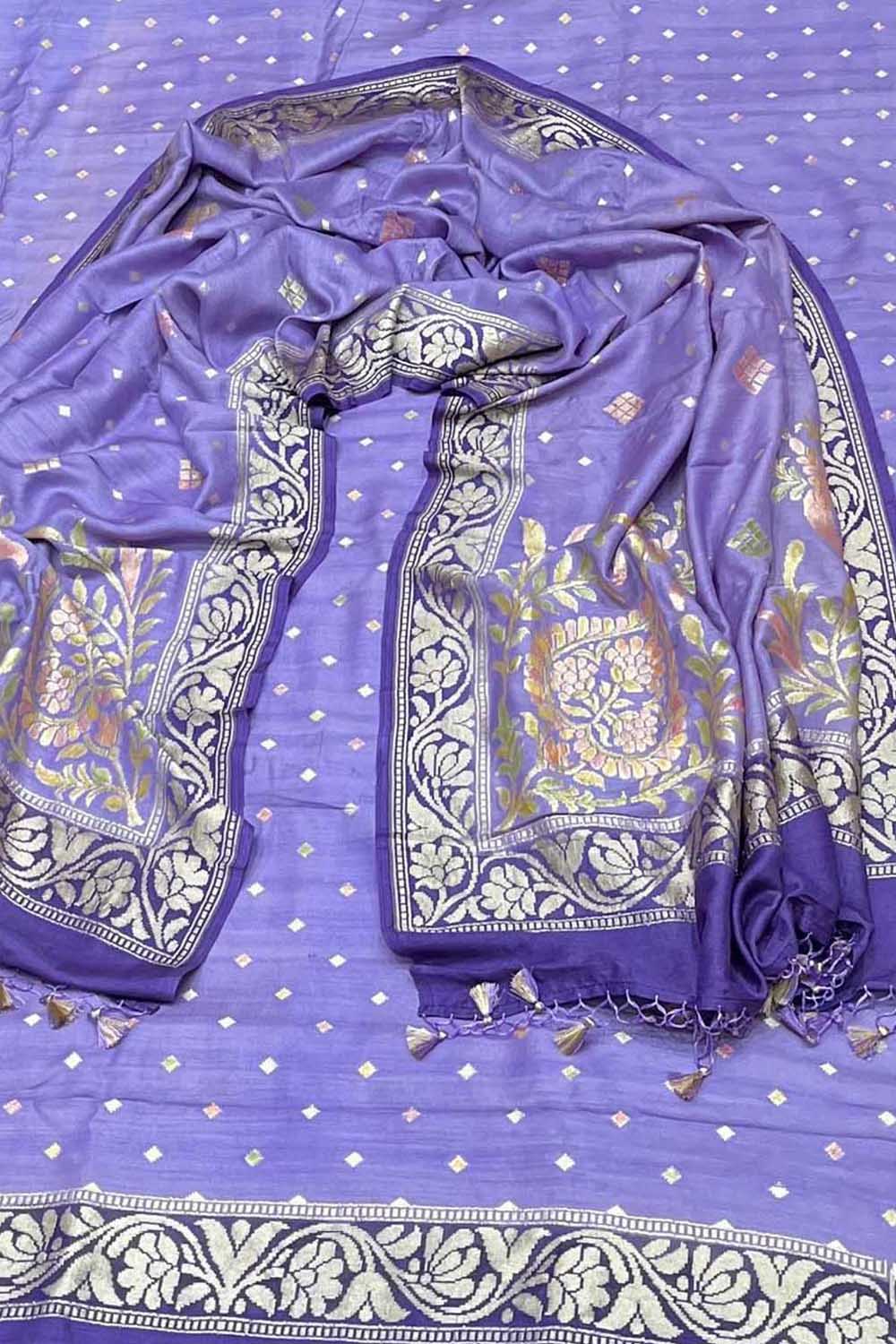 Elegant Purple Banarasi Pure Moonga Silk Three Piece Unstitched Suit Set - Luxurion World