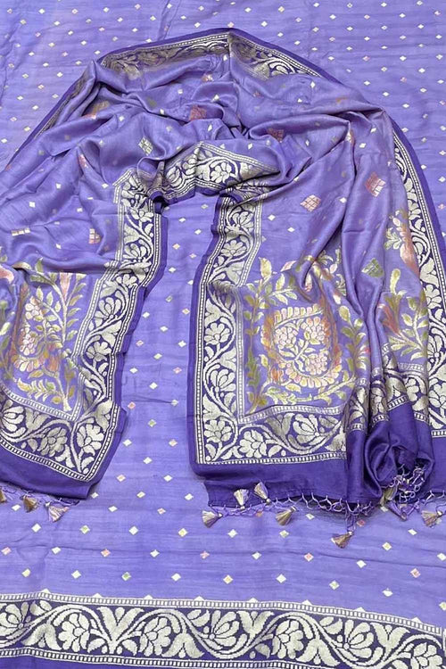 Elegant Purple Banarasi Pure Moonga Silk Three Piece Unstitched Suit Set - Luxurion World