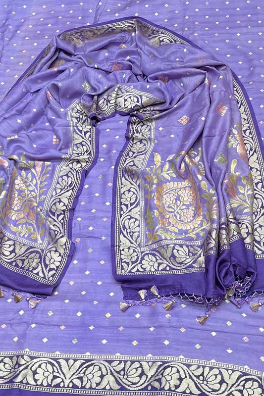 Elegant Purple Banarasi Pure Moonga Silk Three Piece Unstitched Suit Set - Luxurion World