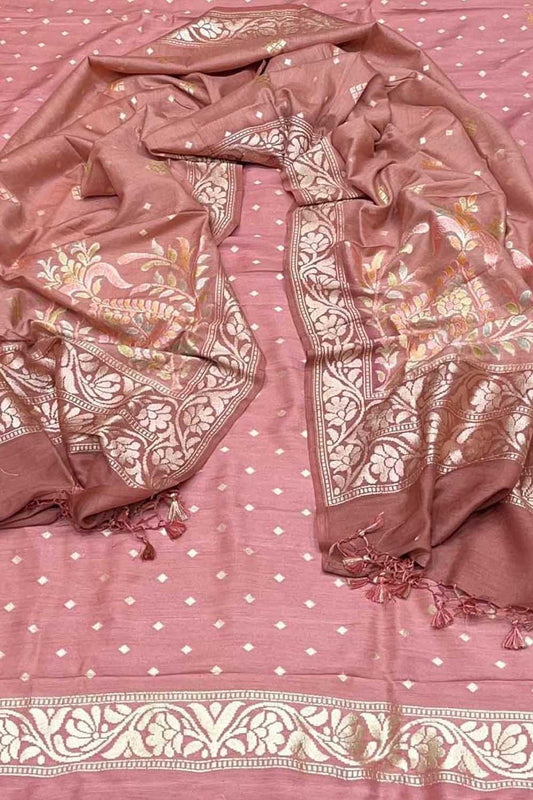 Exquisite Pink Banarasi Pure Moonga Silk Three Piece Unstitched Suit Set - Luxurion World