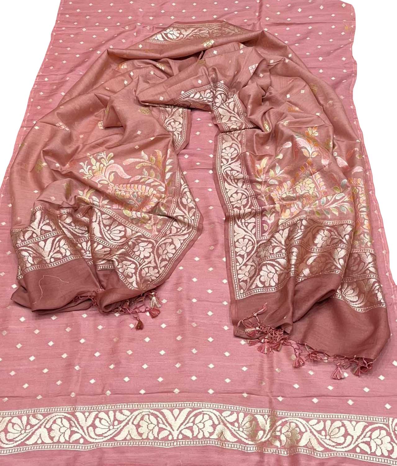 Exquisite Pink Banarasi Pure Moonga Silk Three Piece Unstitched Suit Set - Luxurion World
