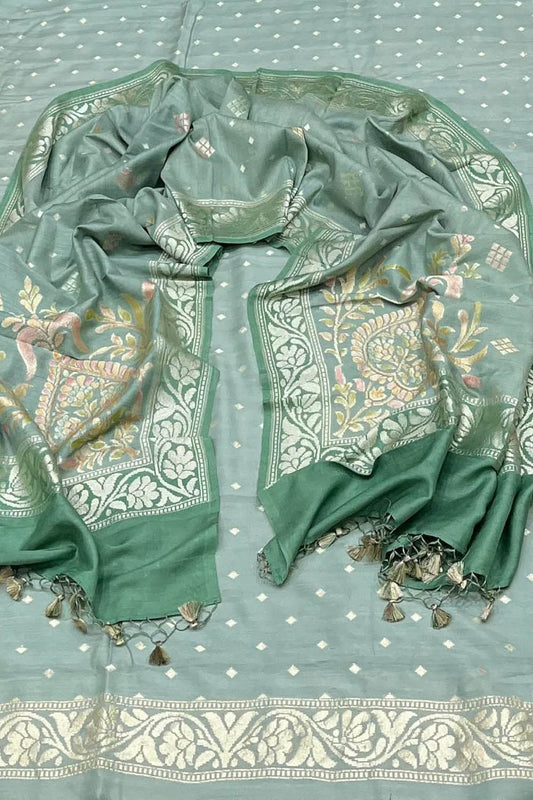 Green Banarasi Pure Moonga Silk Three Piece Unstitched Suit Set - Luxurion World