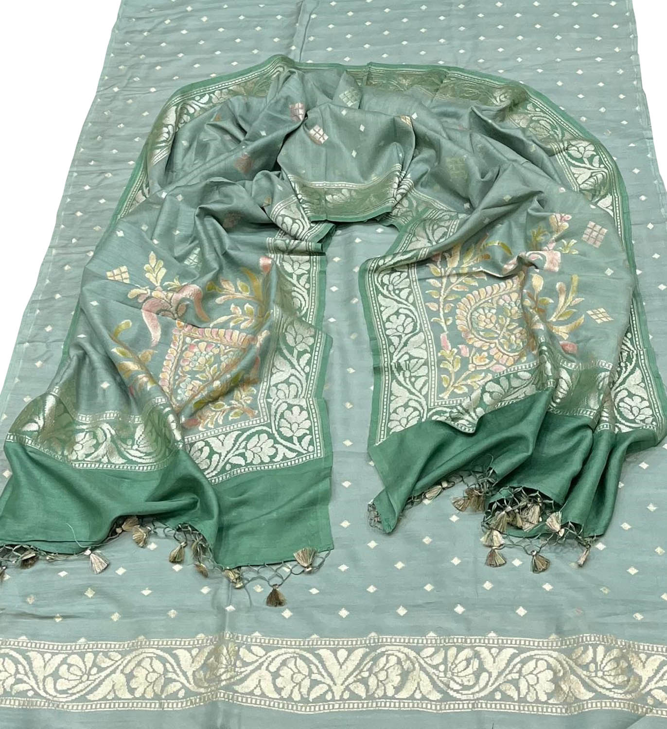 Green Banarasi Pure Moonga Silk Three Piece Unstitched Suit Set - Luxurion World