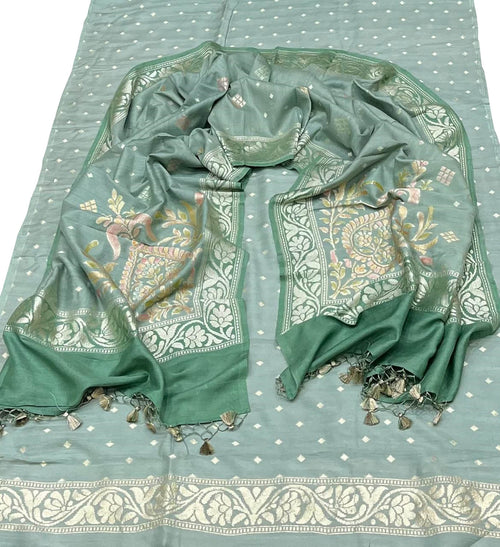 Green Banarasi Pure Moonga Silk Three Piece Unstitched Suit Set - Luxurion World