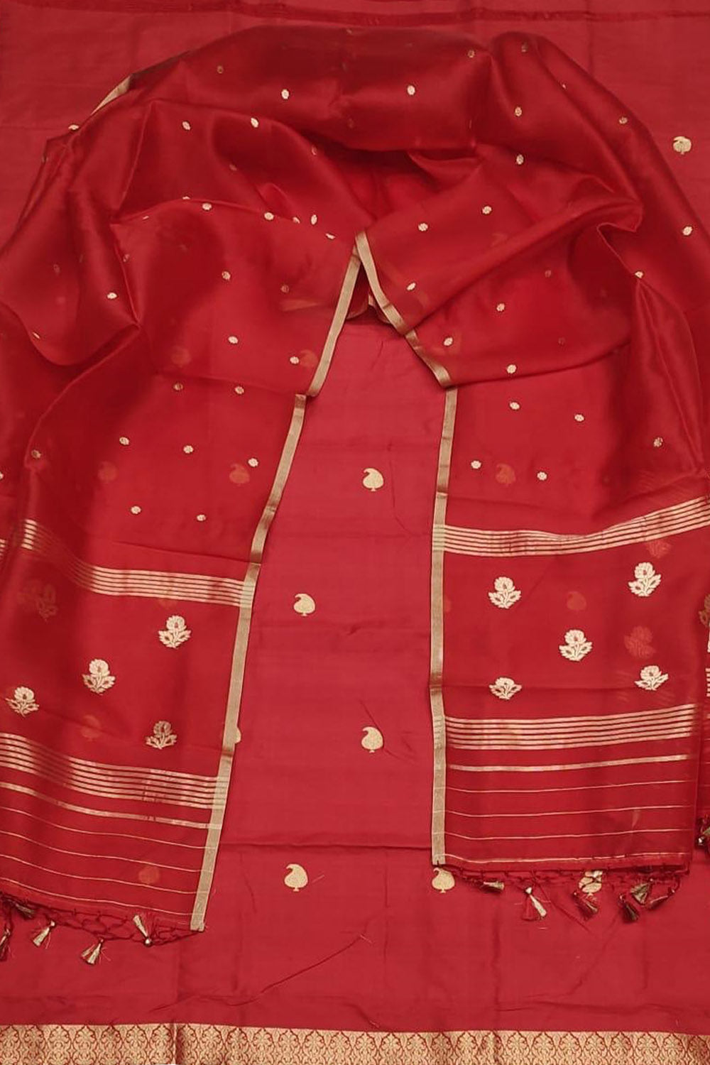 Exquisite Red Banarasi Silk Three Piece Suit Set