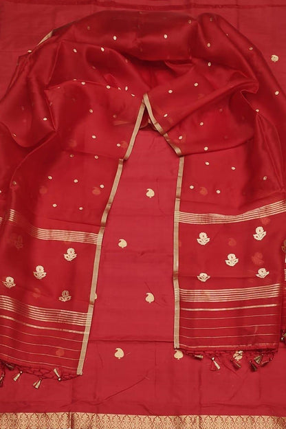 Exquisite Red Banarasi Silk Three Piece Suit Set