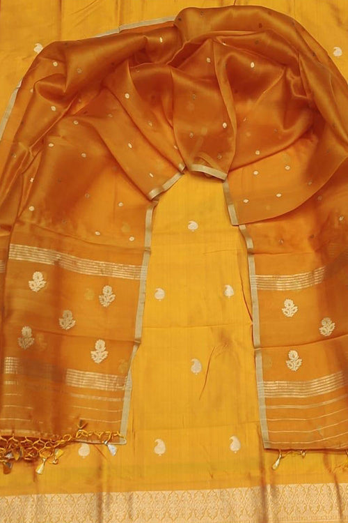 Yellow Banarasi Pure Katan Silk Kadwa Handloom Suit - Luxurion World