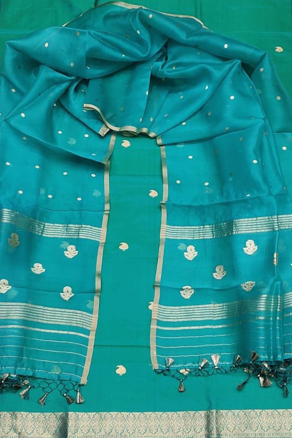 Blue Banarasi Pure Katan Silk Kadwa Handloom Three Piece Suit