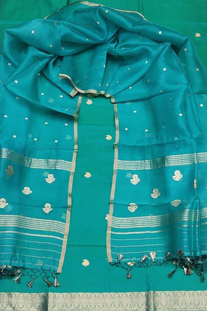 Blue Banarasi Pure Katan Silk Kadwa Handloom Three Piece Suit
