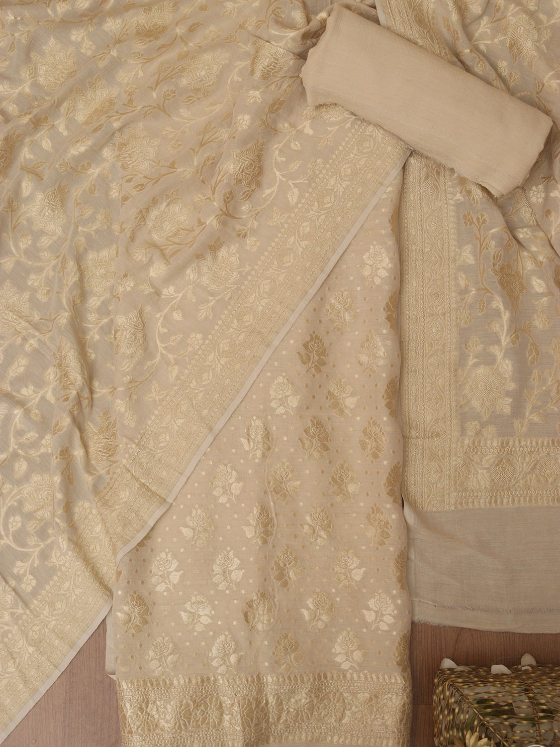 Dyeable Banarasi Handloom Pure Moonga Silk Three Piece Unstitched Suit Set - Luxurion World