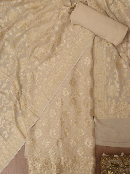 Dyeable Banarasi Handloom Pure Moonga Silk Three Piece Unstitched Suit Set - Luxurion World