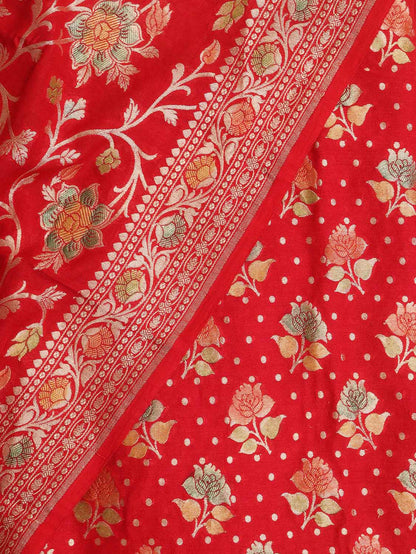 Red Banarasi Handloom Pure Moonga Silk Three Piece Unstitched Suit Set - Luxurion World