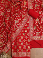 Red Banarasi Handloom Pure Moonga Silk Three Piece Unstitched Suit Set - Luxurion World