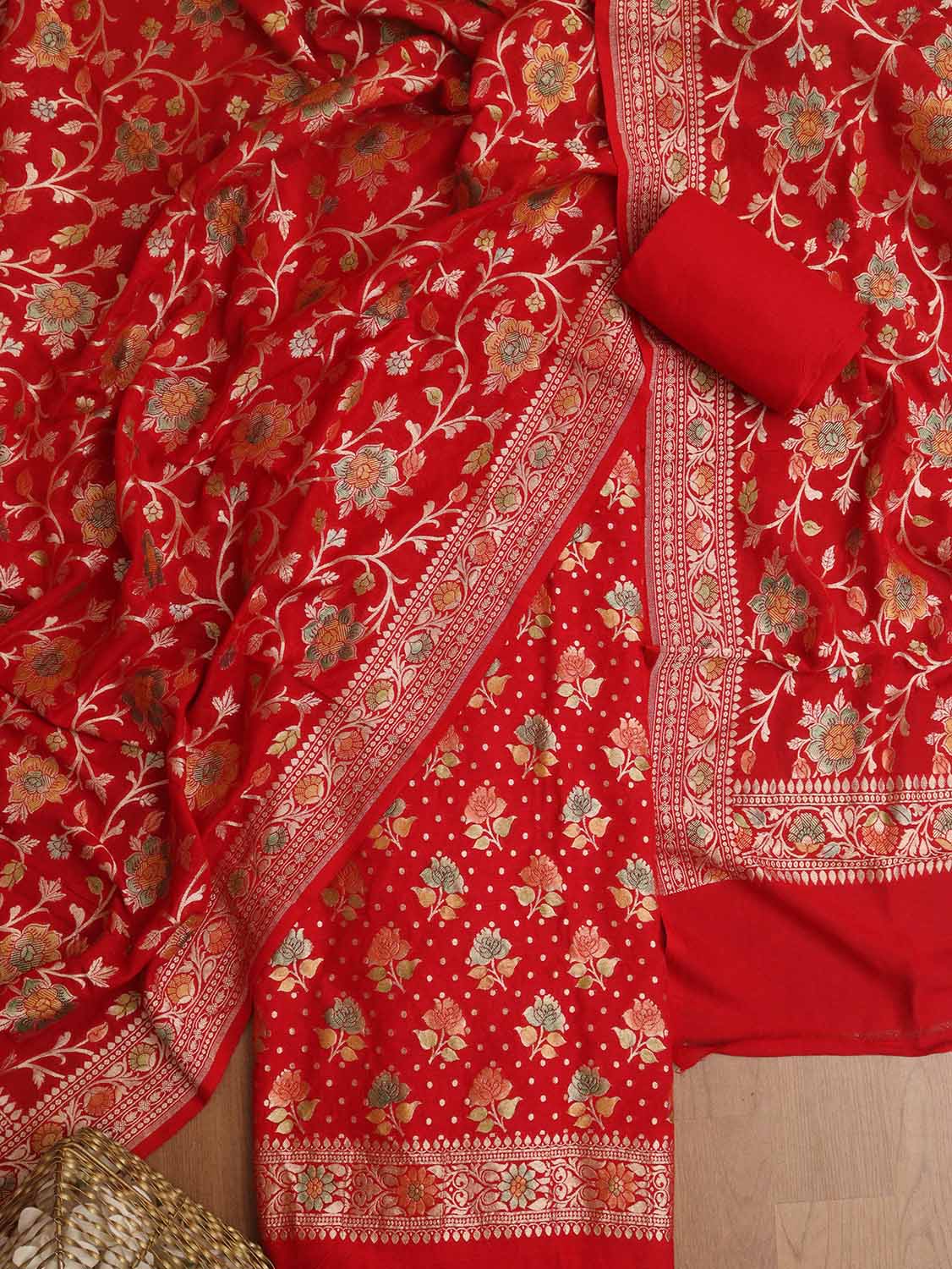 Red Banarasi Handloom Pure Moonga Silk Three Piece Unstitched Suit Set - Luxurion World