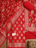 Red Banarasi Handloom Pure Moonga Silk Three Piece Unstitched Suit Set - Luxurion World