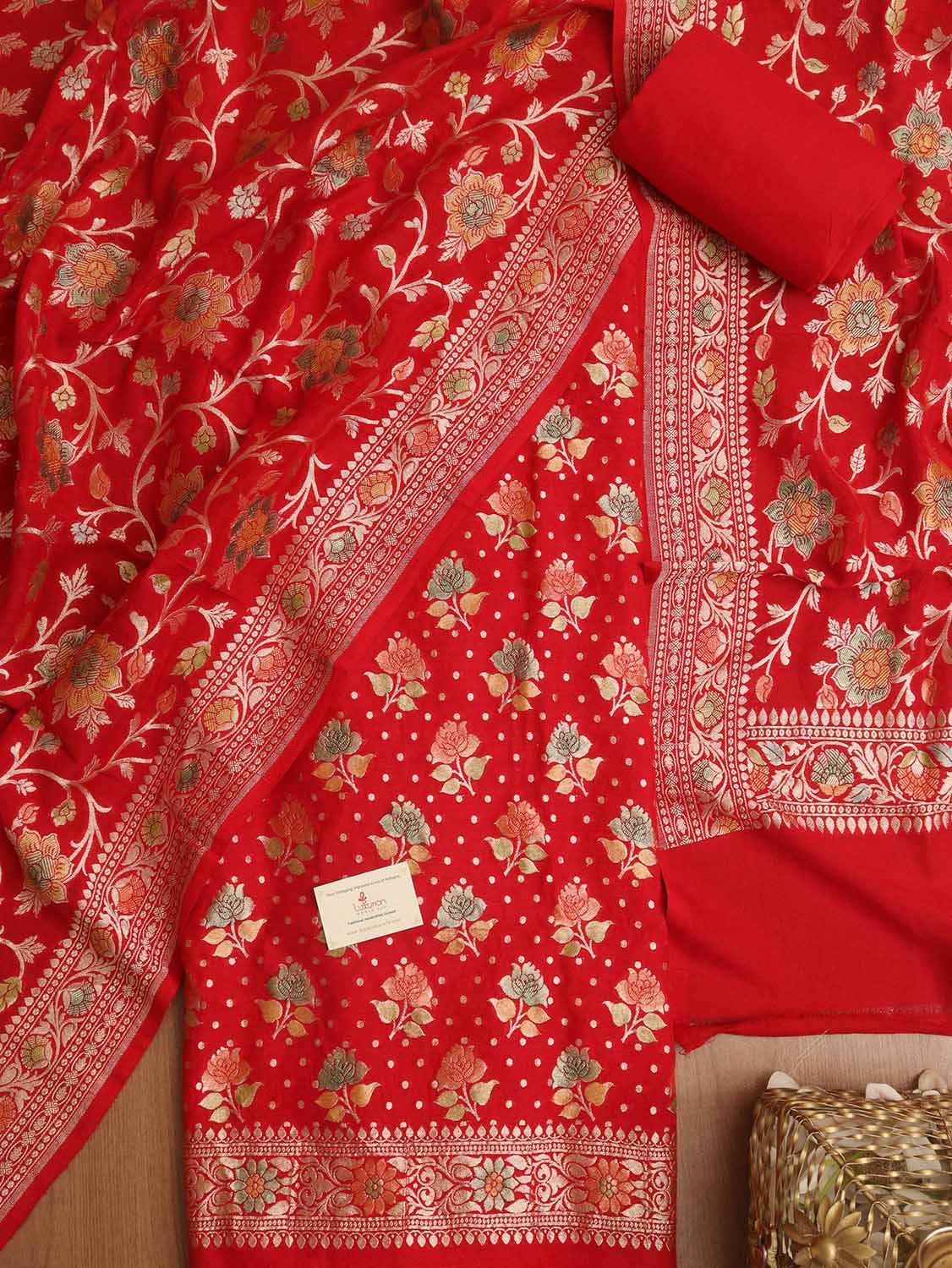 Red Banarasi Handloom Pure Moonga Silk Three Piece Unstitched Suit Set - Luxurion World
