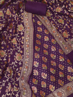 Purple Banarasi Handloom Pure Moonga Silk Three Piece Unstitched Suit Set - Luxurion World