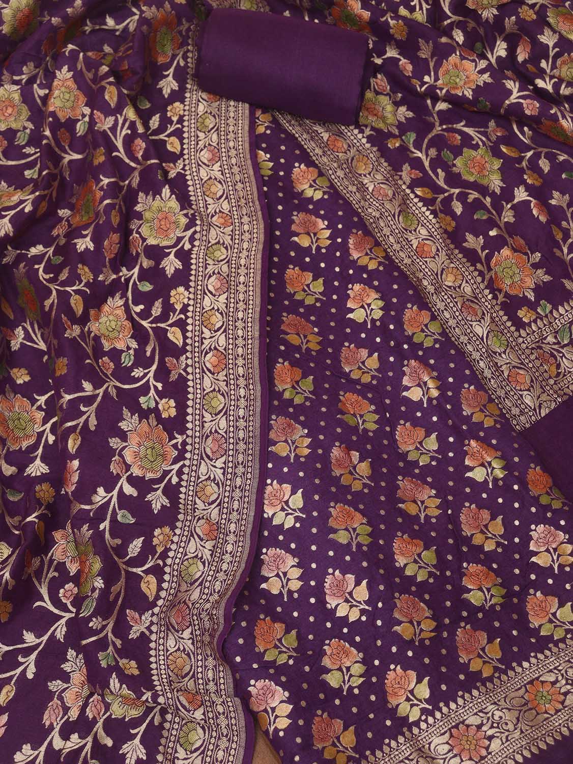 Purple Banarasi Handloom Pure Moonga Silk Three Piece Unstitched Suit Set - Luxurion World