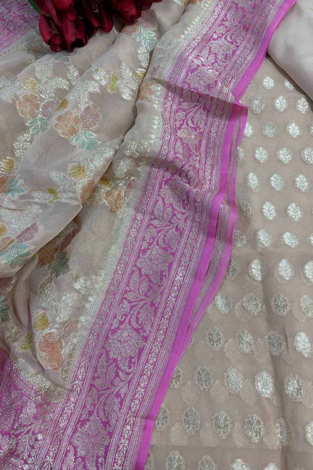 Pastel Banarasi Pure Georgette Brush Dye Three Piece Unstitched Suit Set - Luxurion World